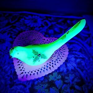 RARE Fenton Bird of Happiness - Glowing Custard UV Glass, Christmas Holly Berry